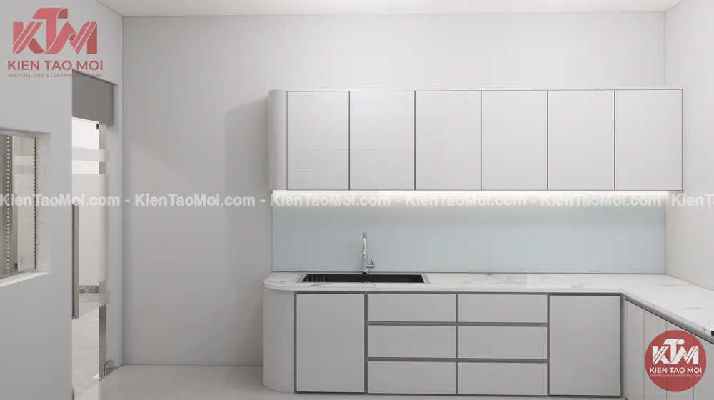Tủ chữ L và bồn rửa khu thanh trùng Tủ chữ L phòng thanh trùng, bồn rửa inox mặt đá trắng