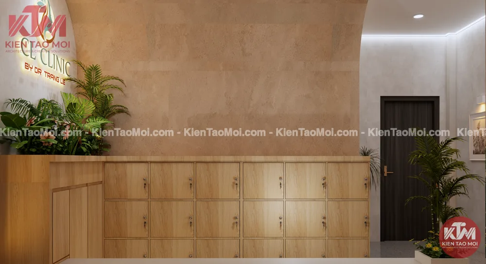 Tủ locker gỗ nội thất phòng khám da liễu Tủ locker gỗ nội thất phòng khám da liễu, cạnh bồn cây xanh