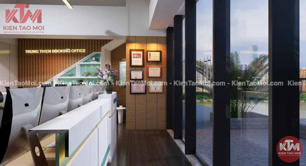 Tường ốp gỗ treo bằng khen trong thiết kế nội thất đại lý vé máy bay