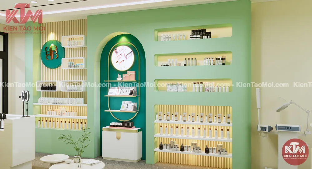Vách kệ nội thất spa da liễu với lam gỗ và đèn hắt vàng