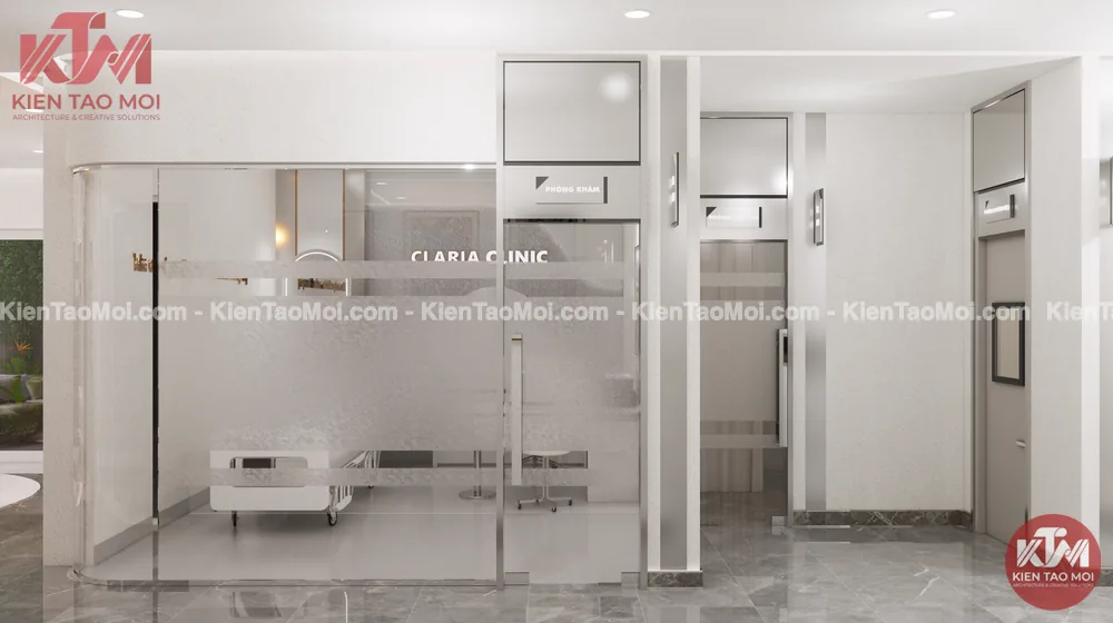 Vách kính mờ phân chia phòng chức năng phòng khám da liễu Vách kính mờ khung inox thiết kế phòng khám da liễu