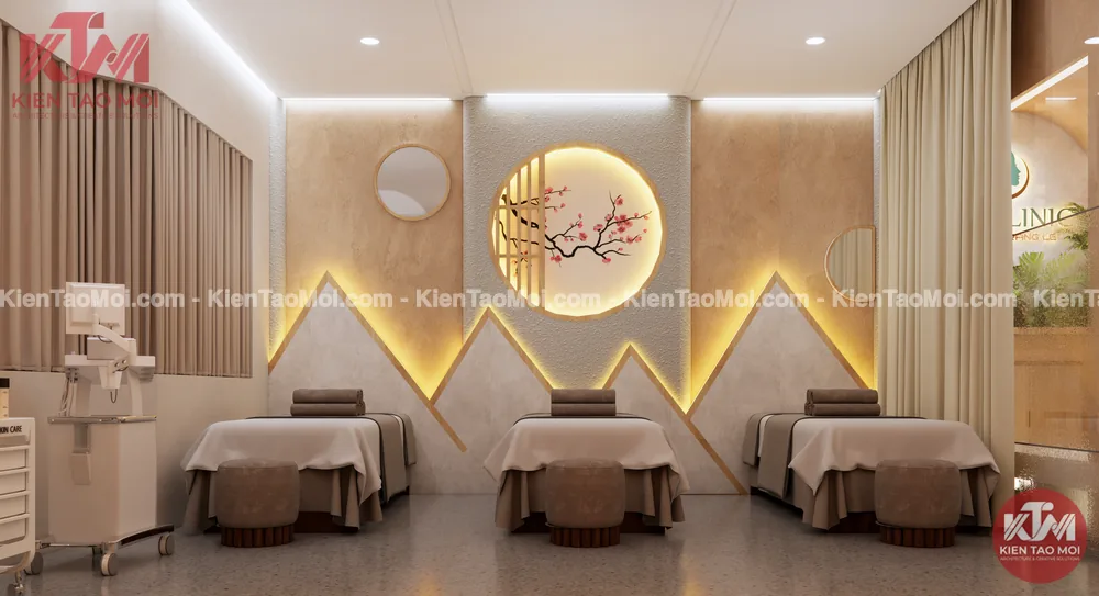 Vách hình núi đèn hắt – mẫu thiết kế spa da liễu Vách hình núi mẫu thiết kế spa da liễu, đèn hắt vàng sau giường