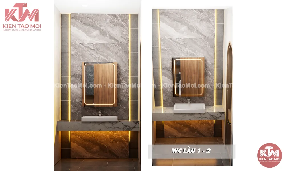 WC lầu 1 – 2 nội thất nha khoa với lavabo đá và gương viền gỗ