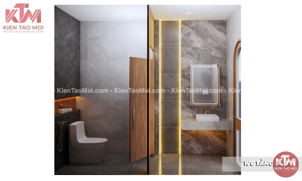 WC tầng trệt nội thất nha khoa ốp đá xám, gương đèn LED và lavabo đá