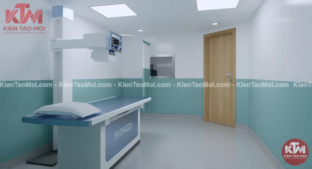 Thiết kế nội thất phòng X-quang tầng trệt, bàn chụp cột máy