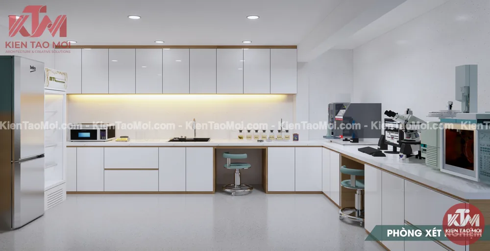 Thiết kế nội thất phòng xét nghiệm tầng lửng, tủ chữ L đèn hắt