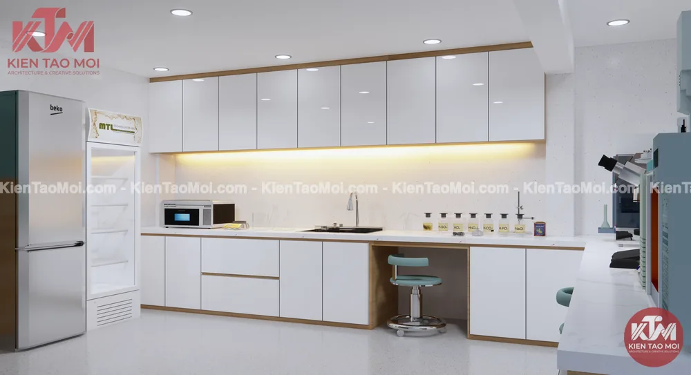 Phòng xét nghiệm tầng lửng phòng khám đa khoa, tủ lạnh mẫu bồn rửa
