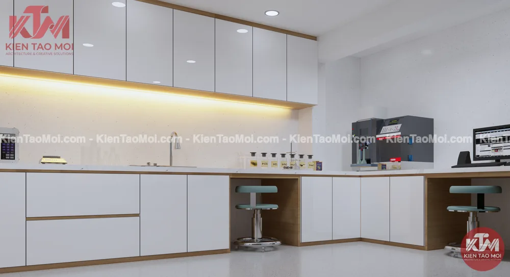 Phòng xét nghiệm nội thất phòng khám đa khoa, tủ trên trắng bóng